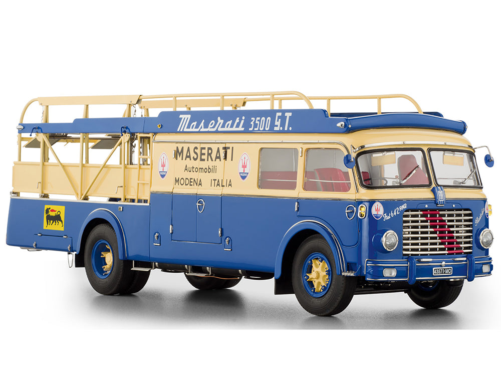 Fiat 642 RN2 Bartoletti Car Transporter "Maserati Racing" Blue and Cream 1-18 Diecast Model Car by CMC