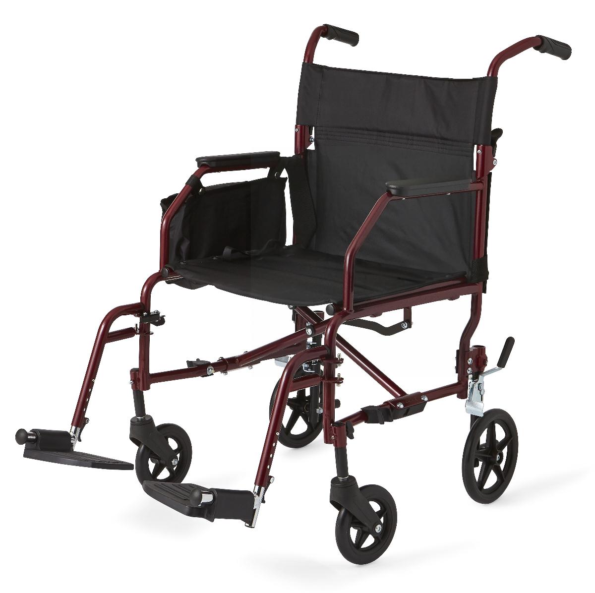 Ultralight Steel Transport Chair With Removable Wheels, Burgundy, Knockdown, Each