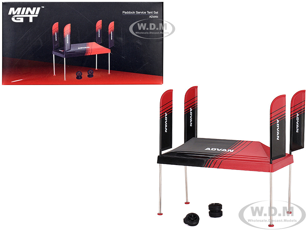Paddock Service Tent Set with Extra Wheels Red and Black "ADVAN" for 1-64 Scale Models by Mini GT