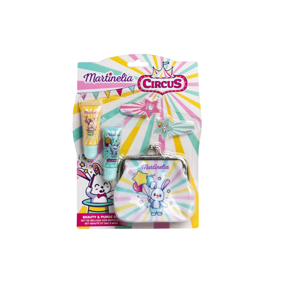 Martinelia Zirkus Beauty & Geldbeutel-Set für Kinder 3+ Haarspange 2tlg. + Lipgloss 2tlg. + Münzbörse für Kinder