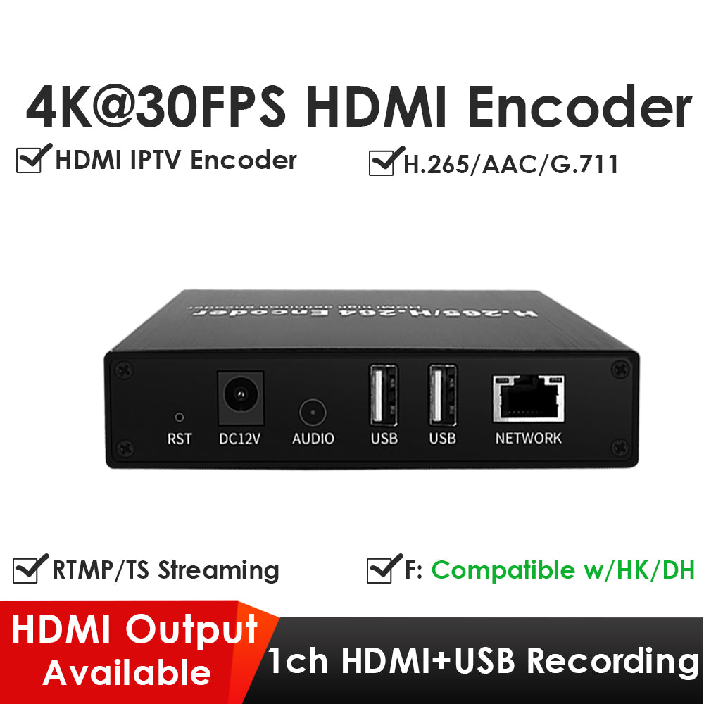 H.265 4K HDMI Encoder w-HDMI Loopout Dual USB2.0 for Recording Playing Compatible with ONVIF-HK for IPTV Streaming to YouTube Facebook