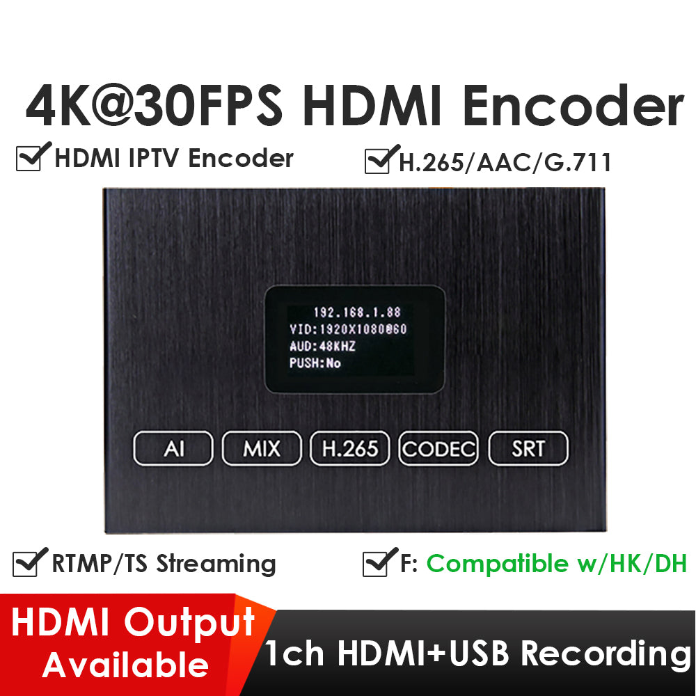 H.265 4K HDMI Encoder Screen HDMI Loopout Dual USB2.0 for Recording Playing Compatible with ONVIF-HK for IPTV Streaming to YouTube Facebook