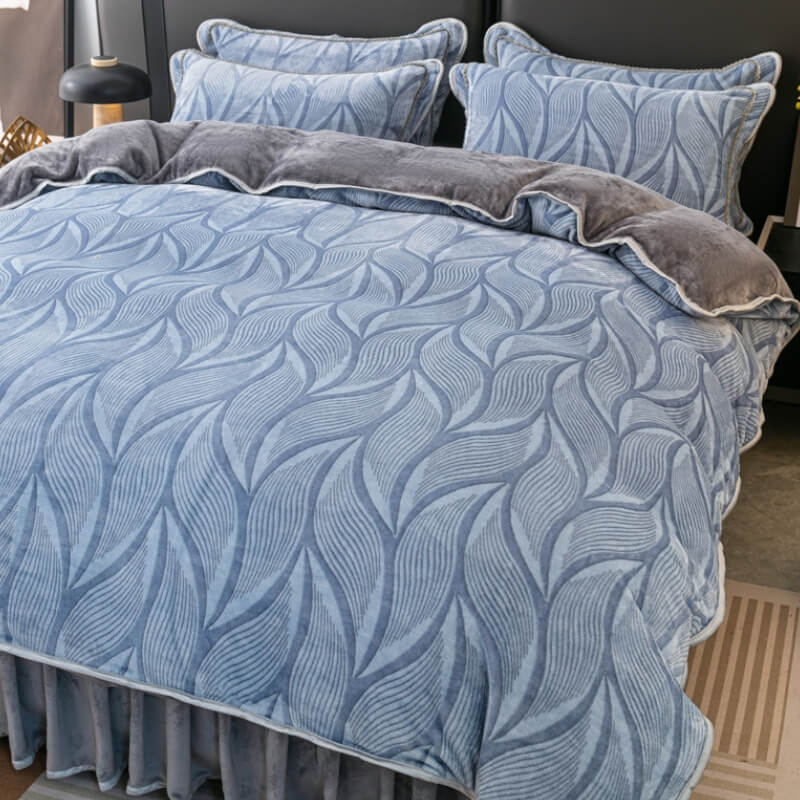 Modern Leaf Pattern Soft Milk Velvet Bed Sheet Set with Bed Skirt, Blue Curves - Queen(4 pcs)