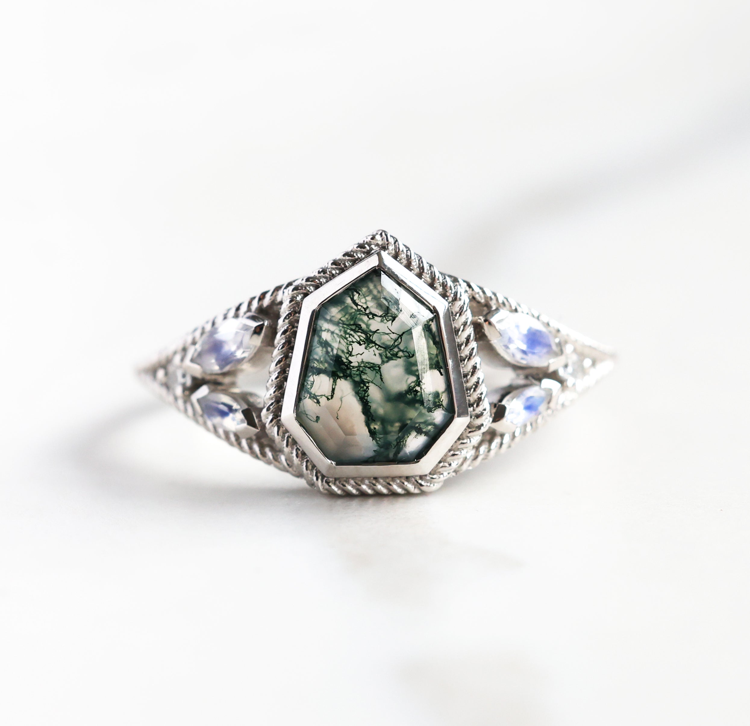 Moss agate engagement ring with moonstones - platinum