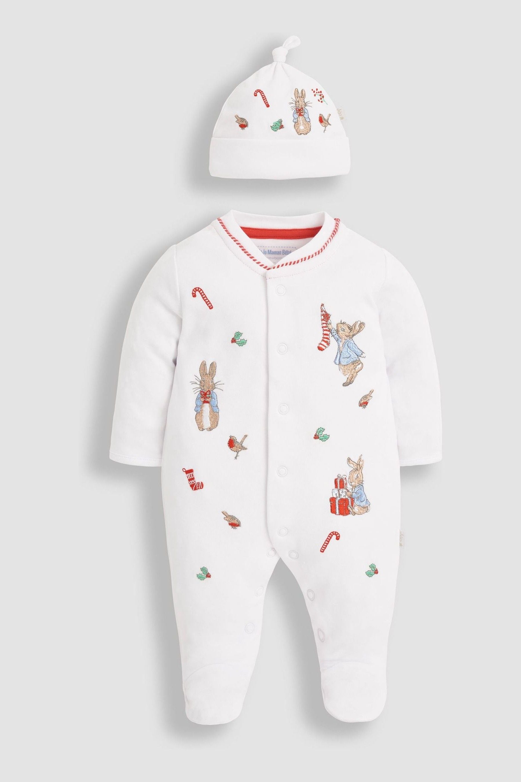 White Peter Rabbit Christmas Cotton Baby Sleepsuit & Hat Set 6-9 Mths Matron Inn