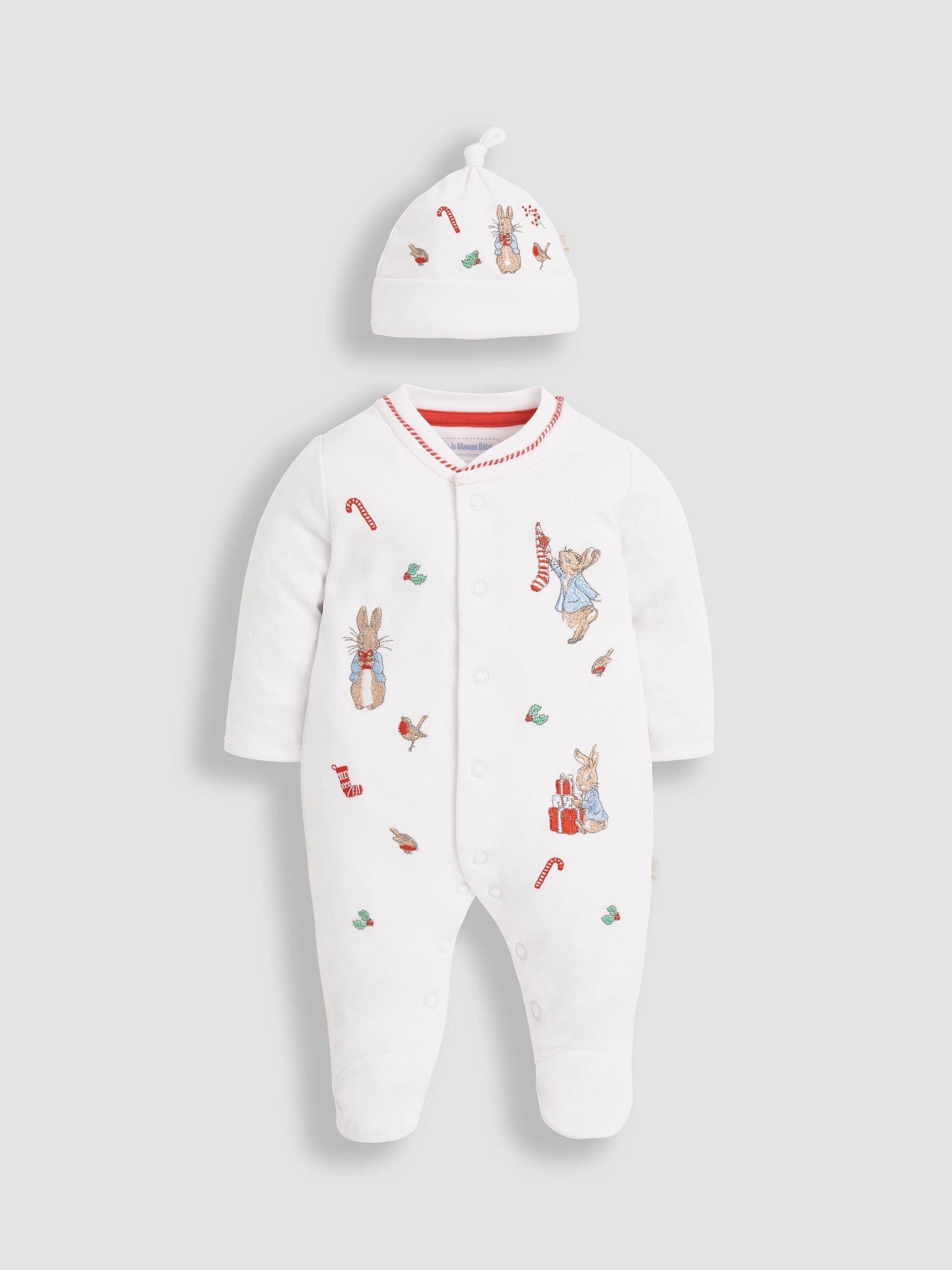 White Peter Rabbit Christmas Cotton Baby Sleepsuit & Hat Set 3-6 Mths