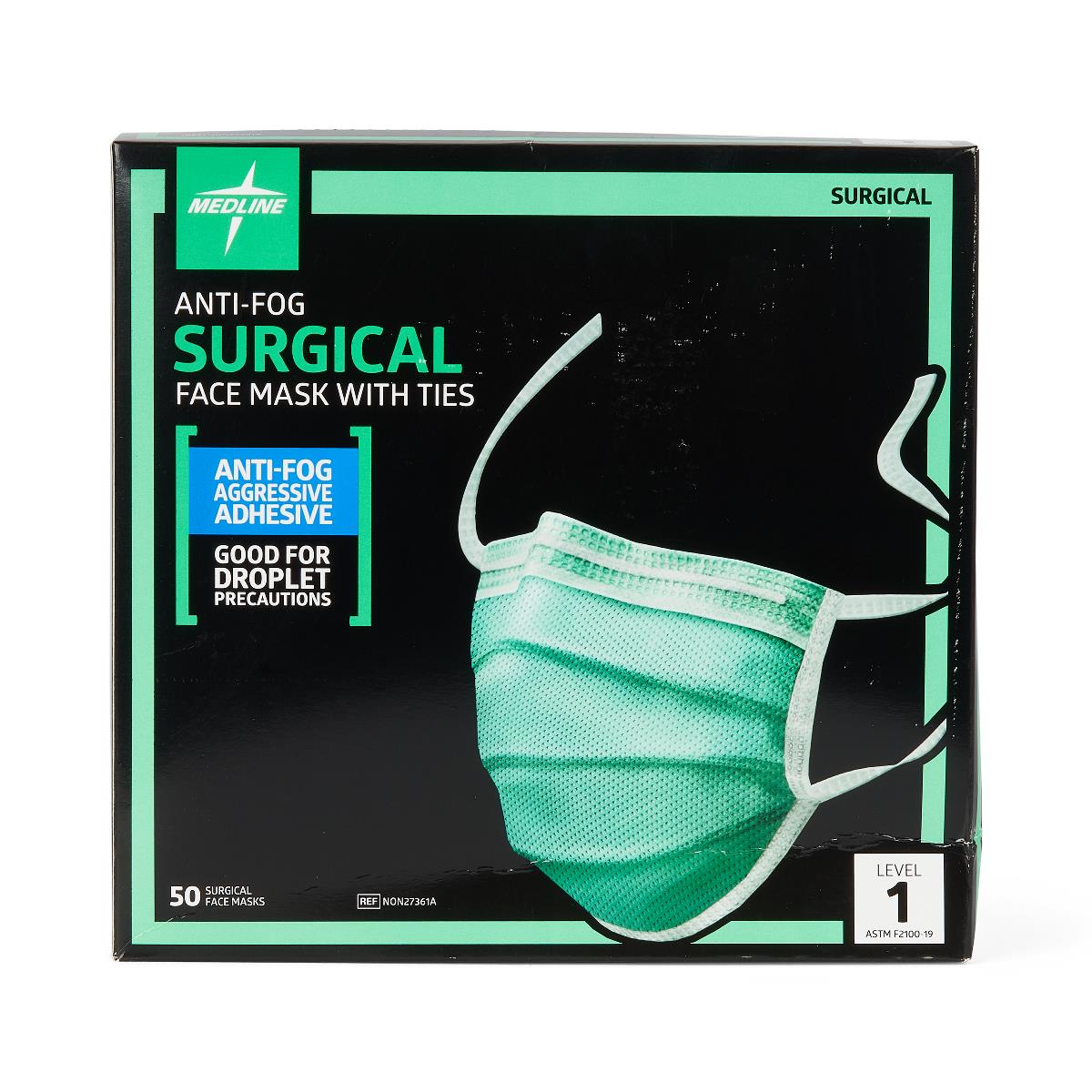 Surgical Face Mask with Ties and Anti-Fog Adhesive Tape Under Peel-Away Film, Green, Case of 300