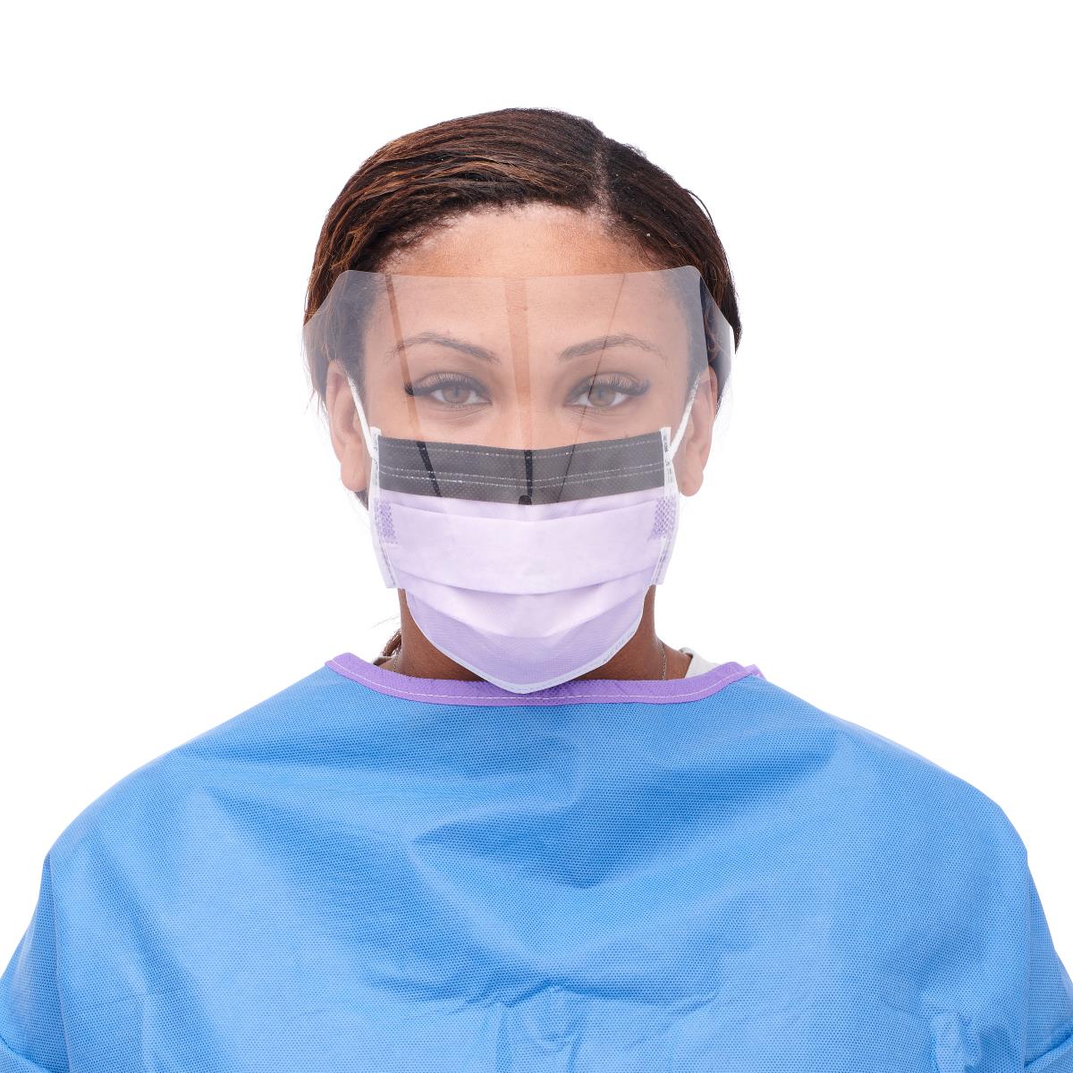 ASTM Level 3 Procedural Face Mask with Eye Shield and Ear Loops, Anti-Fog Foam, Anti-Glare Strip, Purple, box