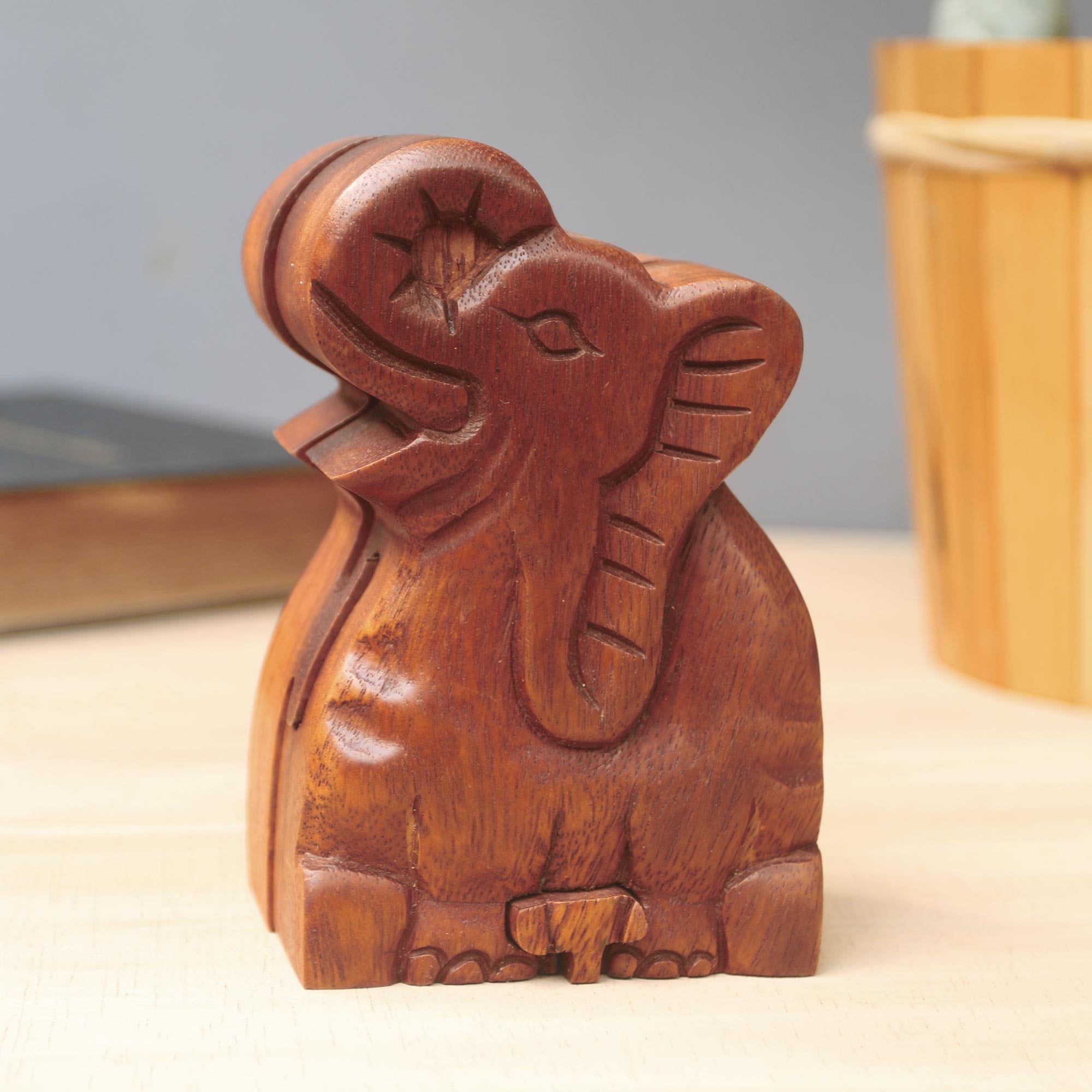 NOVICA Elephant Secret Elephant Theme Wood Puzzle Box