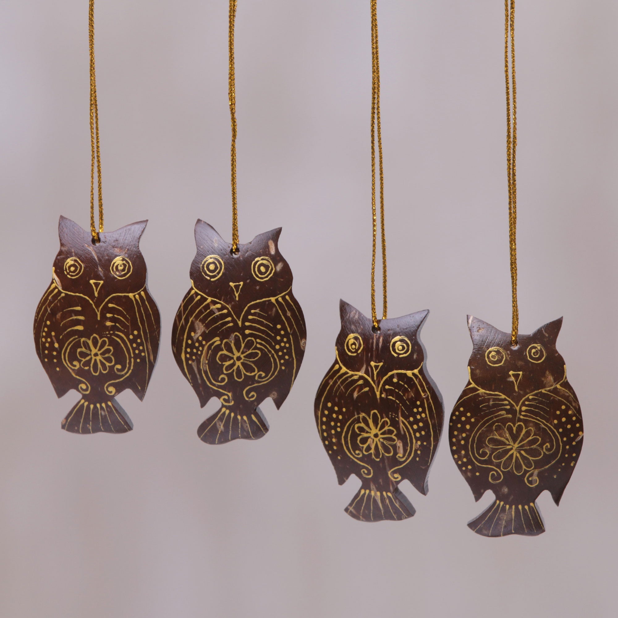 NOVICA Holiday Owl Coconut Shell Hanging Ornaments - Set of 4