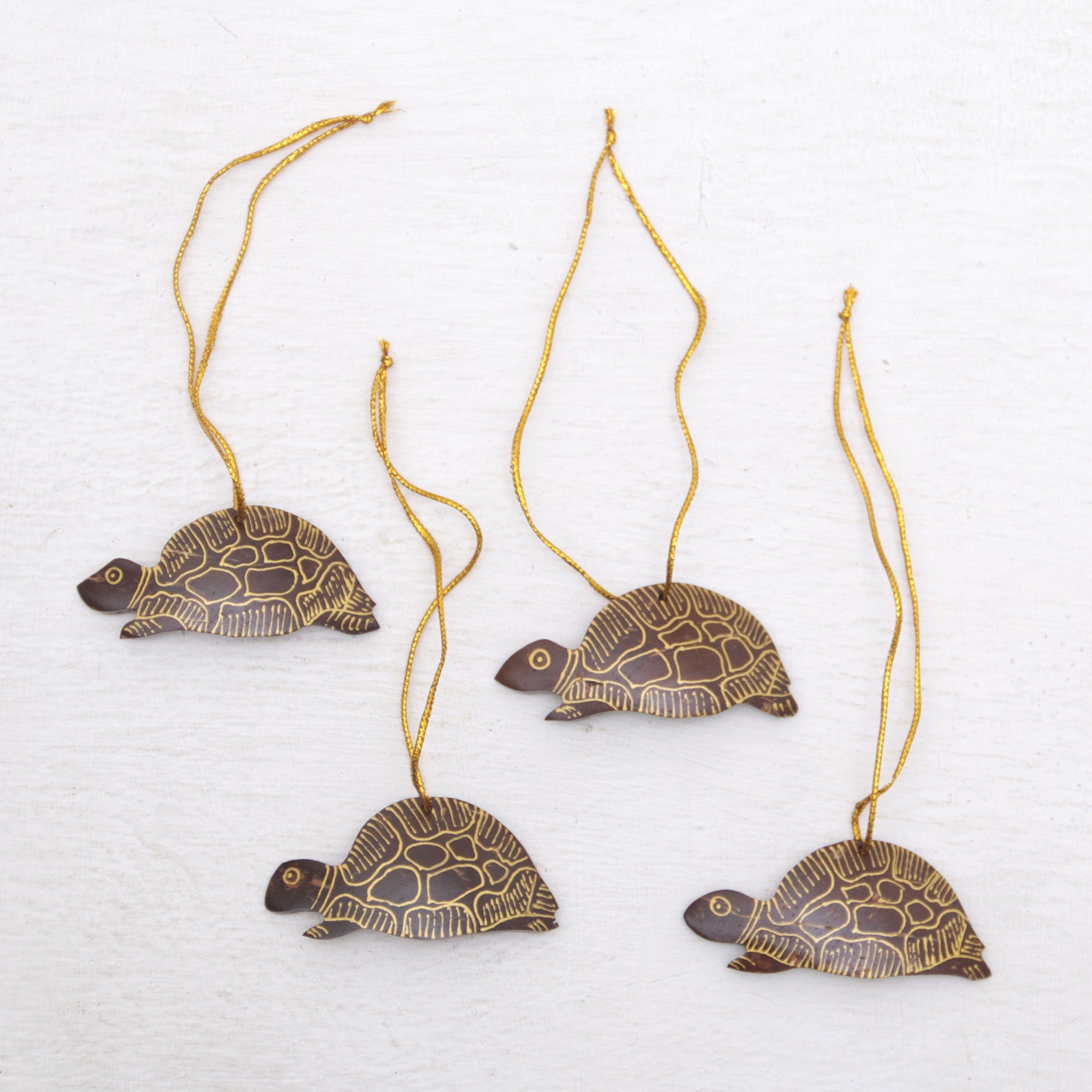 NOVICA Royal Turtle Set of 4 Handmade Brown Coconut Shell Turtle Ornaments