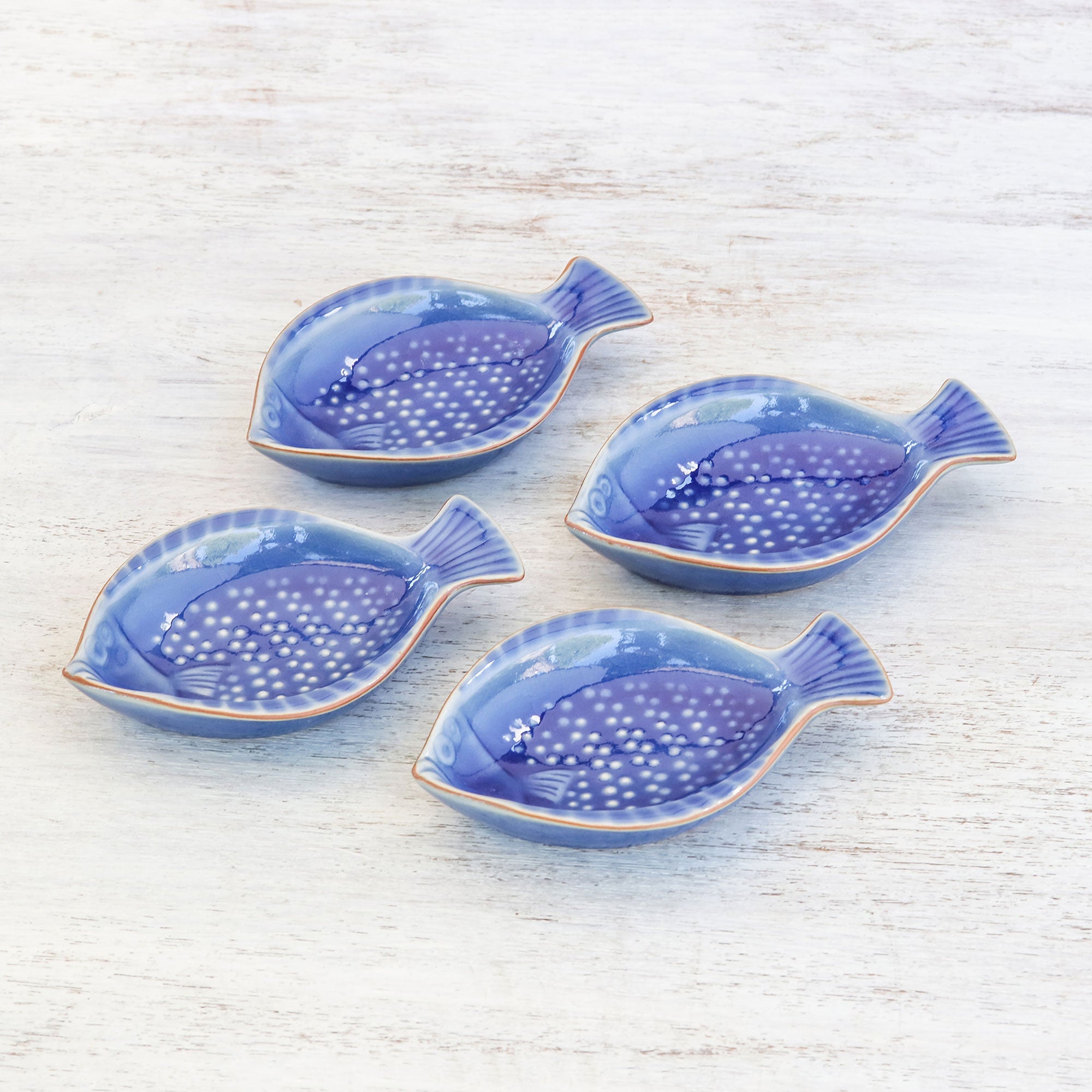 NOVICA Festive Fish Fish-Shaped Blue Ceramic Appetizer Bowls (Set of 4)