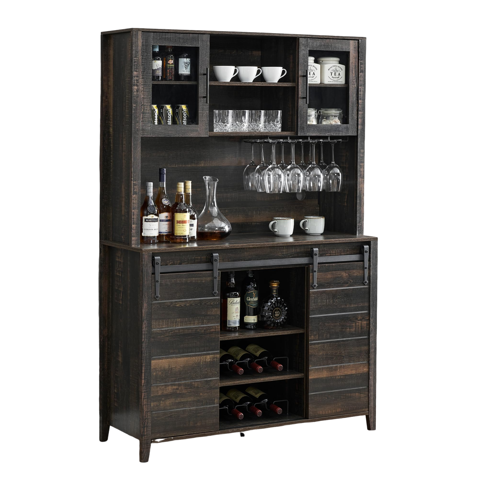 Garvee 70'' Wine Coffee Bar Cabinet with Storage Hutch, Tall Kitchen Pantry Liquor Cabinet with Sliding Barn Doors, Bottle Glasses Rack, Farmhouse Buf