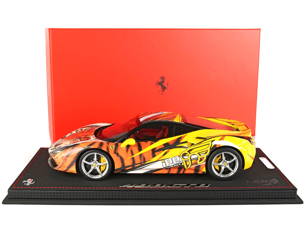 Ferrari 488 GTB "IPE Exhaust" Giallo Modena Yellow with Tiger Graphics with DISPLAY CASE Limited Edition to 100 pieces Worldwide 1-18 Model Car by BB