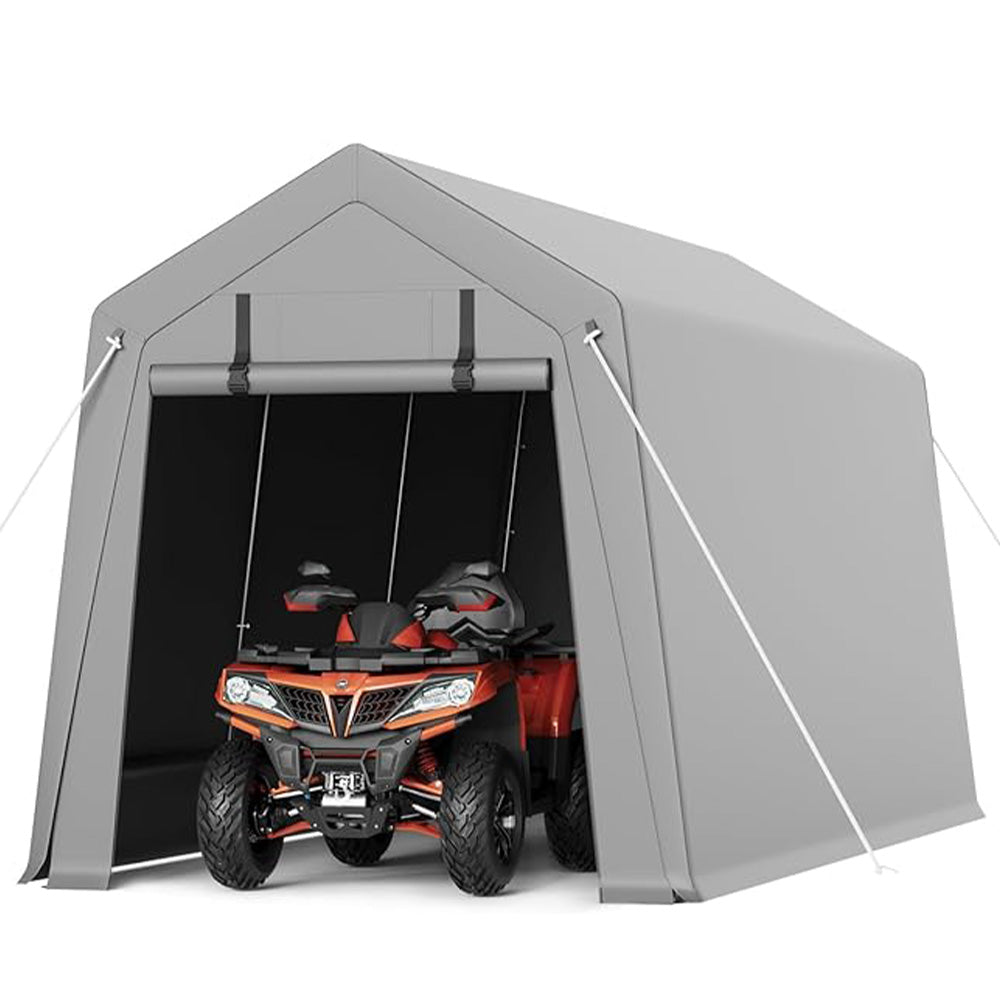 Garvee 10'x15' Portable Carport with Rolled-Up Zipper Door - Waterproof Garage for Motorcycle, Bike & Firewood Storage, Grey