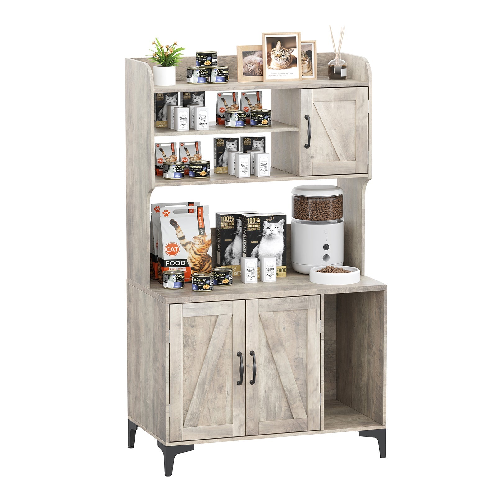 Garvee Cat Litter Box Enclosure with Shelves and Doors, Wood Sturdy Hidden Litter Box Furniture, Indoor Cat House Furniture for Most of Litter Box, Li