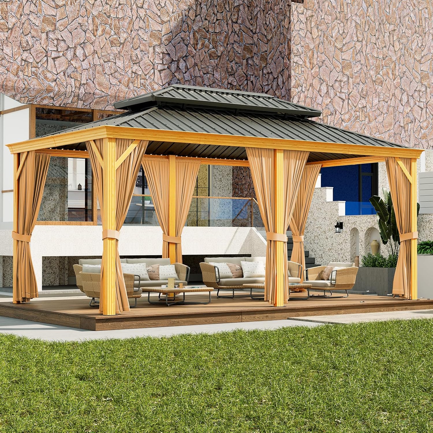 Garvee 12'x20' Outdoor Hardtop Gazebo with Netting and Sunshade Curtains for Patio Terrace Lawn Deck Aluminium Grey