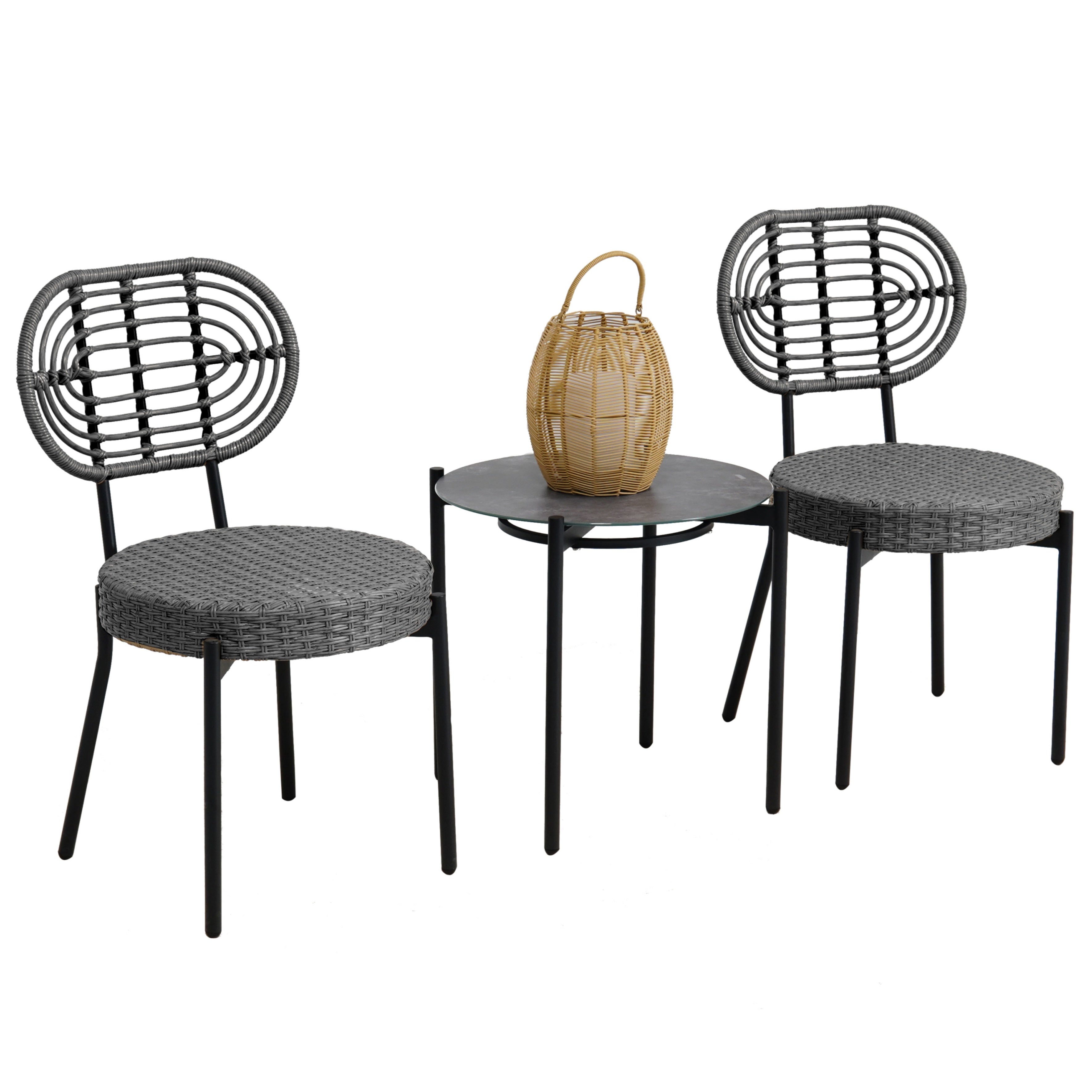 Garvee 3 Piece Patio Bistro Set, Outdoor Wicker Chairs with Table, Rattan Patio Furniture Set for Outdoor, Patio, Deck, Backyard, Black & Grey