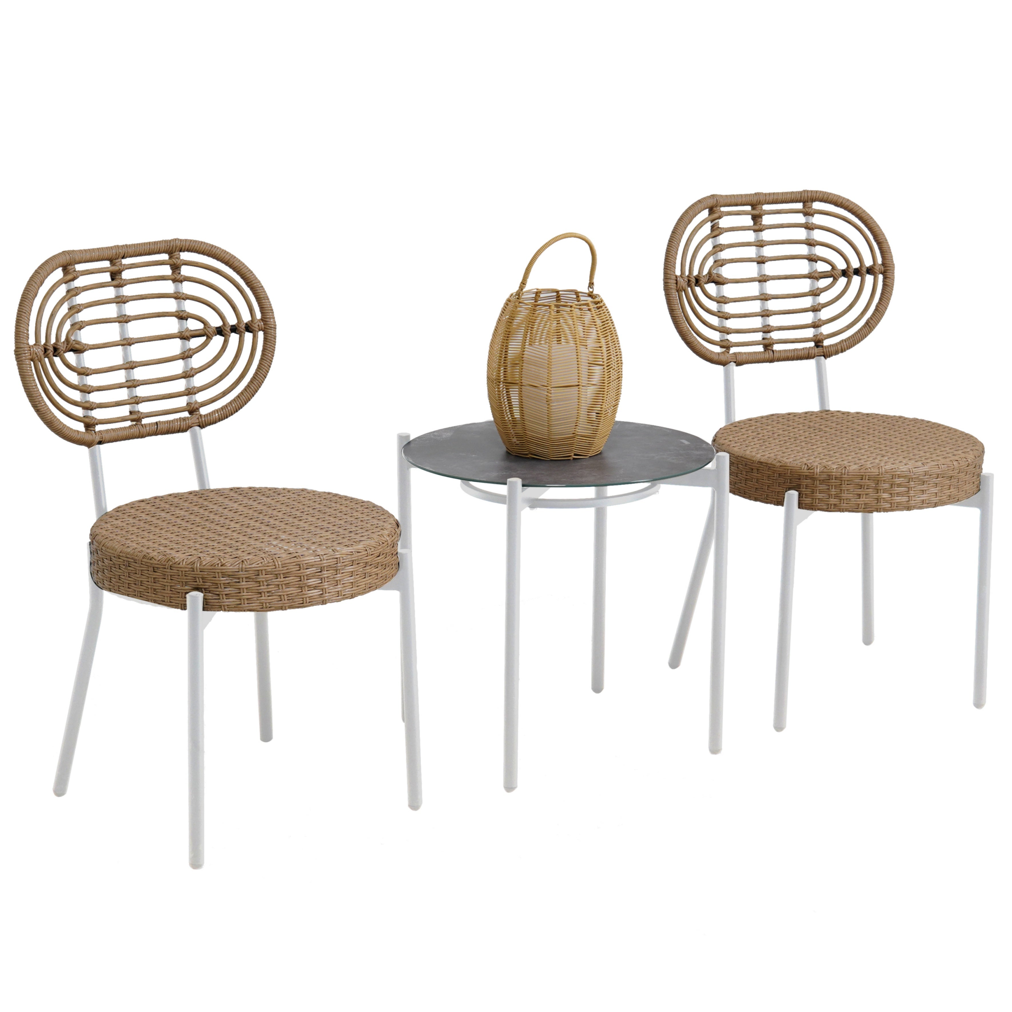 Garvee 3 Piece Patio Bistro Set, Outdoor Wicker Chairs with Table, Rattan Patio Furniture Set for Outdoor, Patio, Deck, Backyard, White & Brown