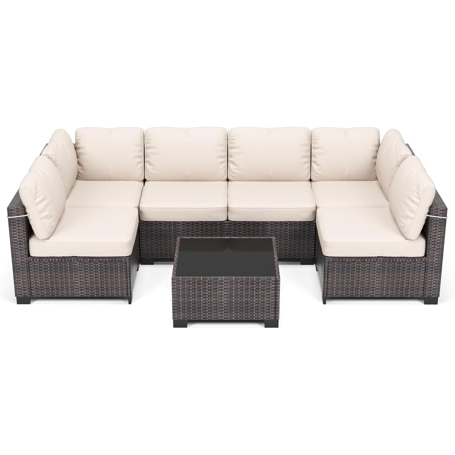 Garvee 7-Piece PE Rattan Outdoor Patio Set Modular Sectional Sofa Thick Cushions Glass Top Coffee Table Garden Balcony Porch