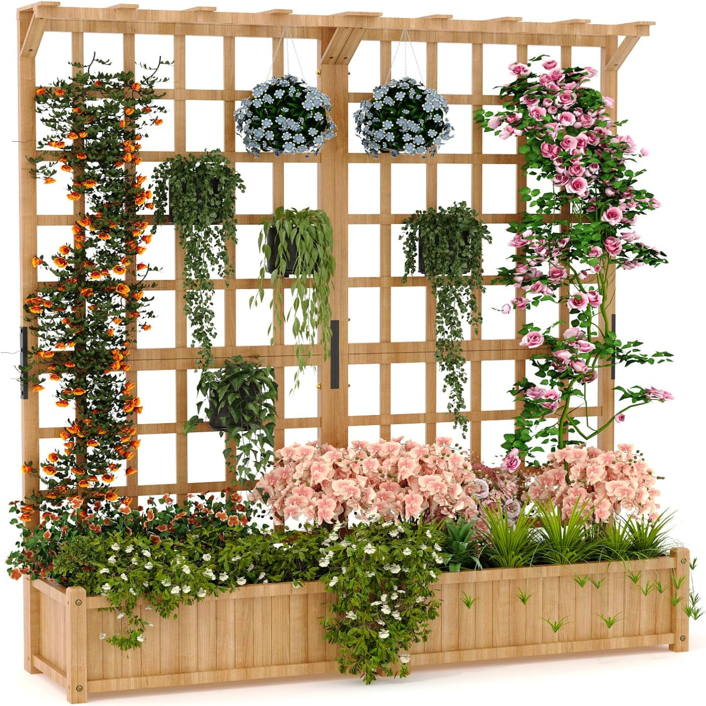 Garvee Two-Tier Wooden Planter Box with Trellis for Outdoor Gardens, Elevated Raised Bed for Flowers and Vegetables, 1.4Ft Deep Planter with Hanging R