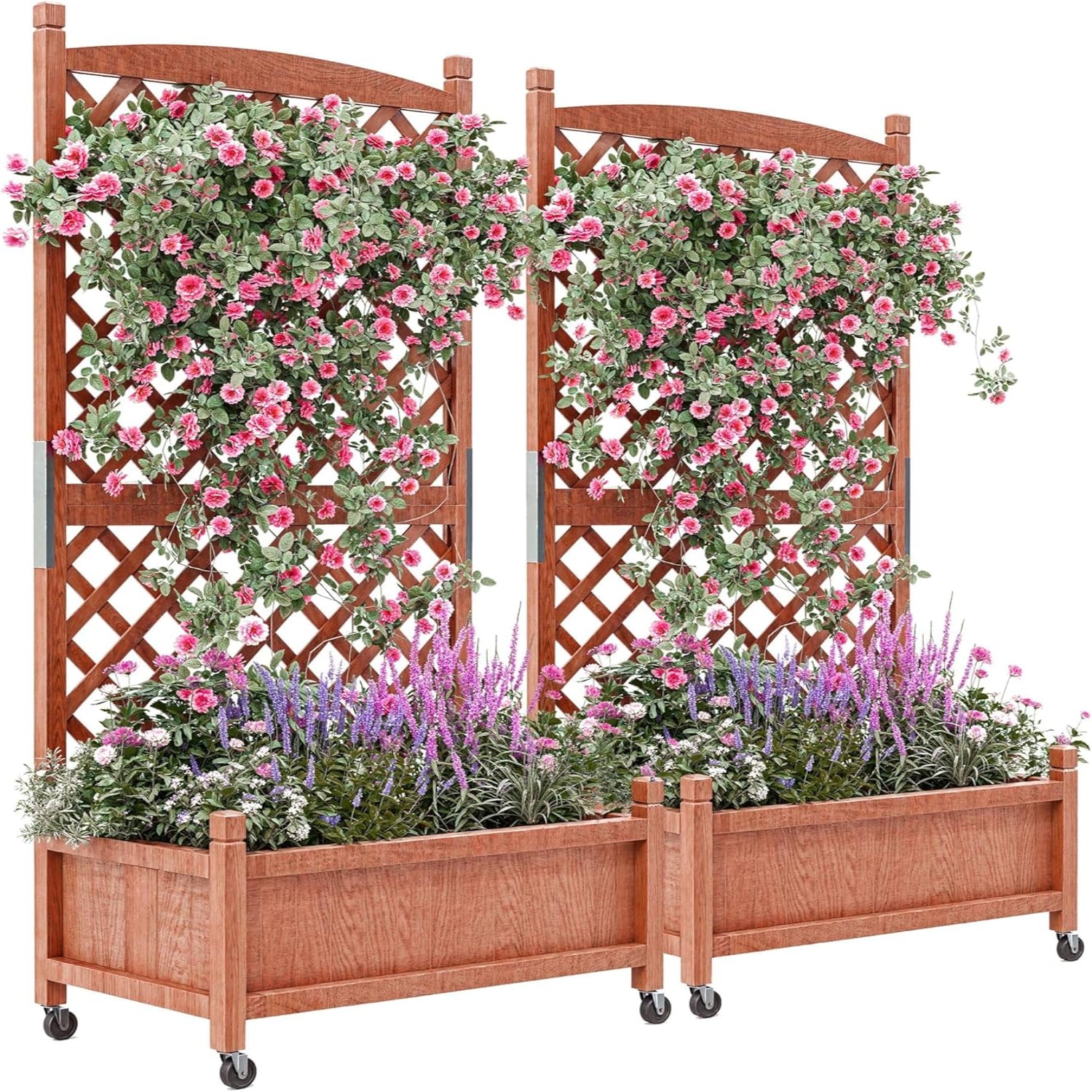 Garvee 2 PC 29.5" X 13" X 60" Wood Planter Box With Trellis For Planter & Flower, Raised Garden Bed With Wheels, Standing Vertical Horticulture Trelli
