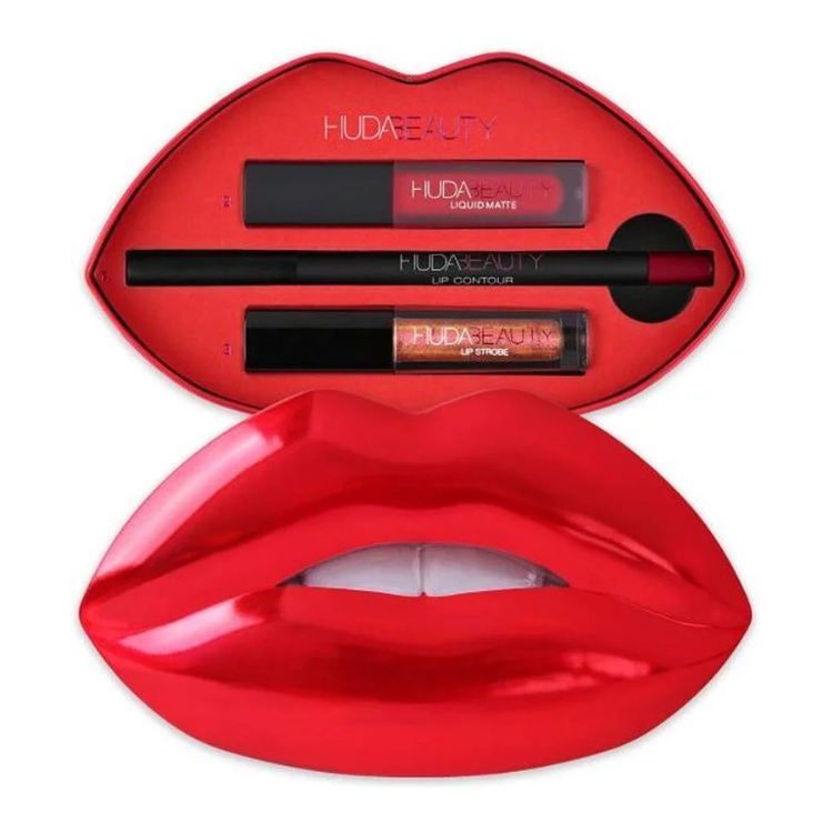 Satz Huda Beauty: Huda Beauty Matter flüssiger Lippenstift 1,9 ml *Miniatur + Huda Beauty Lippenstift 1,2 g + Strobe Liquid Lipstick 2 ml *Miniatur
