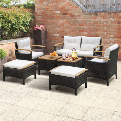 7-Piece Rattan Patio Sofa Set with Acacia Wood Tabletop & Armrests