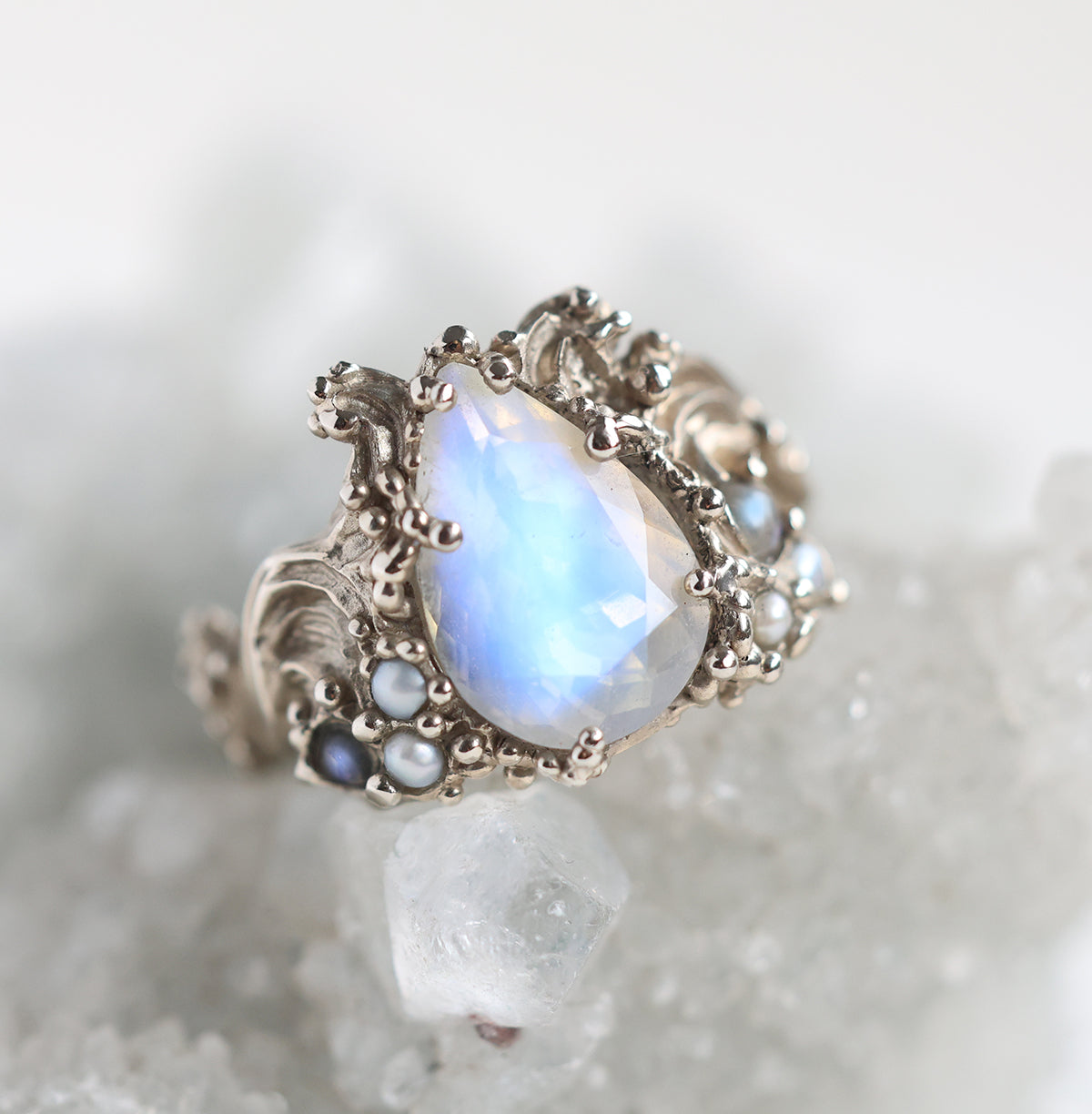 Pear moonstone ring, floral vintage style moonstone engagement ring with pearls - 18k white gold