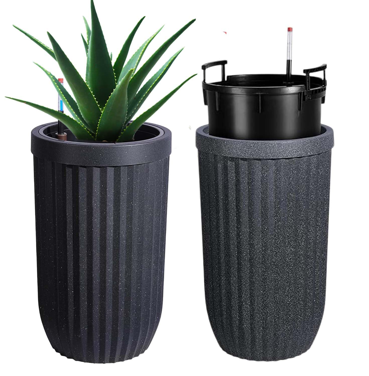 Garvee 23" Tall Self-Watering Planters Set of 2 with Water Level Monitor & Hidden Wheels - Ideal for Living Room, Office, Patio, Garden, Black