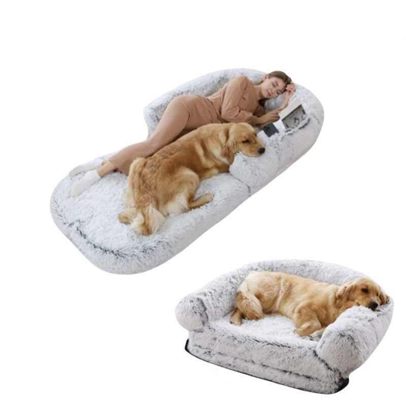 Plush Fluffy Large Orthopedic Human-Dog Bolster Bed, White Grey - Chic Plush Large Dog Bed