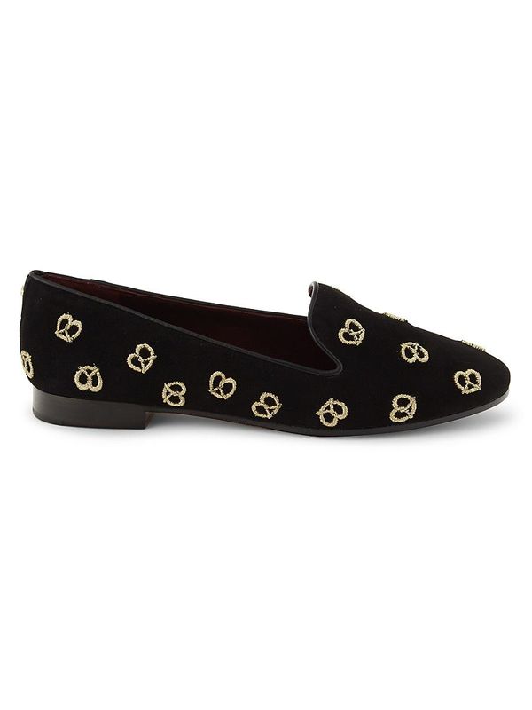 Embroidered Pretzel Suede Loafers - Black