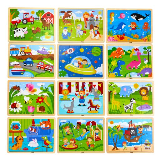 Wooden 16-Piece Puzzle - Set of 12 with Storage Shelf