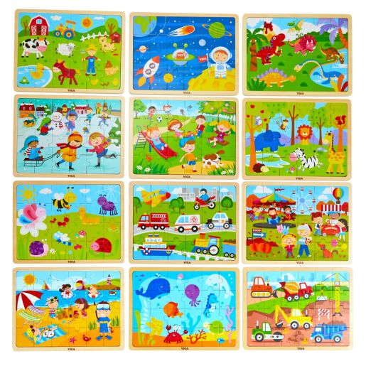 Wooden 24-Piece Puzzle - Set of 12 with Storage Shelf