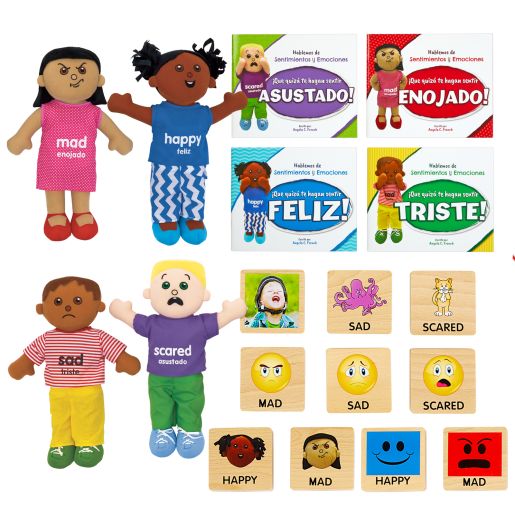 Excellerations® Emotions Spanish Books, Dolls and Blocks Kit 1 - 4 books 4 dolls 16 blocks
