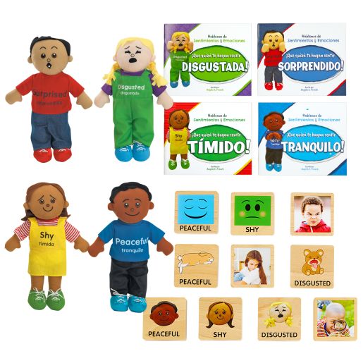 Excellerations® Emotions Spanish Books, Dolls and Blocks Kit 2 - 4 books 4 dolls 16 blocks