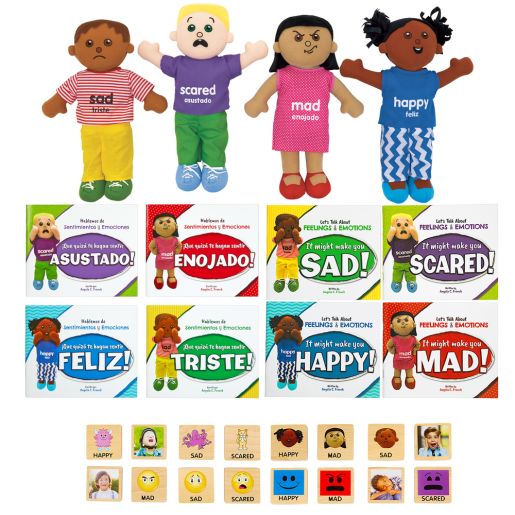 Excellerations® English & Spanish Emotions Books + Dolls and Blocks Kit 1 - 8 books 4 dolls 16 blocks
