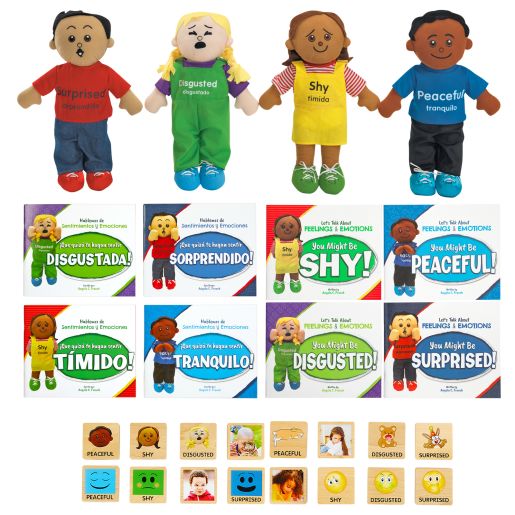 Excellerations® English & Spanish Emotions Books + Dolls + Blocks Kit 2 - 8 books 4 dolls 16 blocks