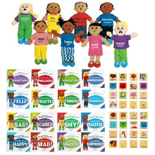 Excellerations® English & Spanish Emotions Books, Dolls, and Blocks Mega Kit - 16 books 8 dolls 32 blocks