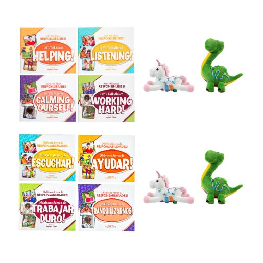 Excellerations® English & Spanish Responsibilities Book Set & Plushies - 8 Books 4 Plushies
