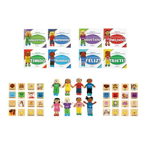 Excellerations® Emotions Spanish Books, Dolls, and Blocks Mega Kit - 8 books 8 dolls 32 blocks