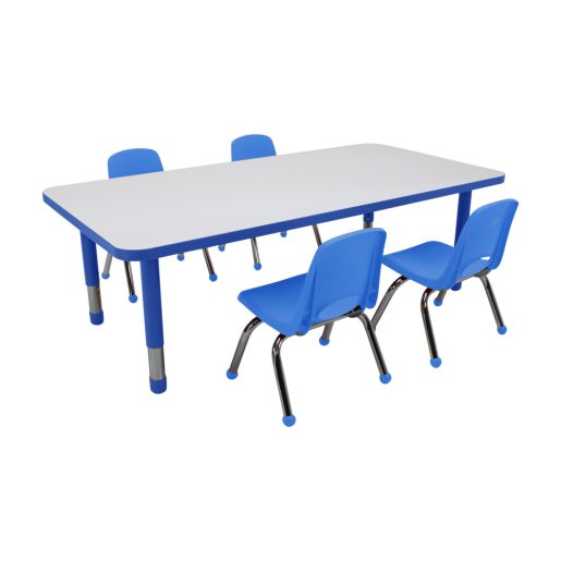 30" x 60" Rectangle Dry-Erase Activity Table with Chunky Legs and 10" Stack Chairs with Ball Glides, 5-Piece Set - White-Blue