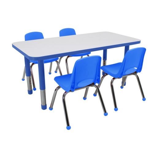 24" x 48" Rectangle Dry-Erase Activity Table with Chunky Legs and 12" Stack Chairs with Ball Glides, 5-Piece Set - White-Blue
