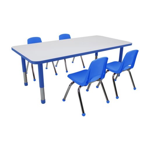 30" x 60" Rectangle Dry-Erase Activity Table with Chunky Legs and 12" Stack Chairs with Ball Glides, 5-Piece Set - White-Blue