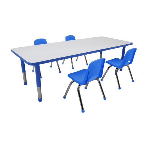 5-Piece Set: 30x72" Dry-Erase Table, Chunky Legs, 12" Stack Chairs - White-Blue