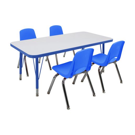24" x 48" Rectangle Dry-Erase Activity Table with Standard Legs and 12" Stack Chairs with Swivel Glides, 5-Piece Set - White-Blue