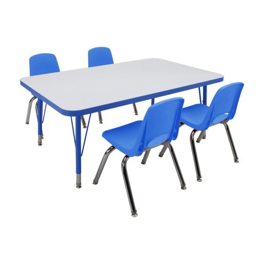 30" x 48" Rectangle Dry-Erase Activity Table with Standard Legs and 12" Stack Chairs with Swivel Glides, 5-Piece Set - White-Blue