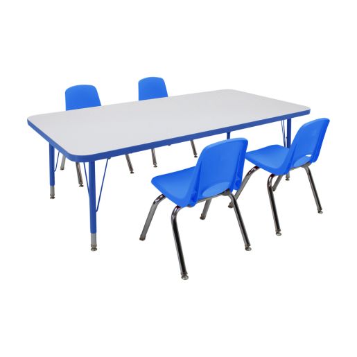 30" x 60" Rectangle Dry-Erase Activity Table with Standard Legs and 12" Stack Chairs with Swivel Glides, 5-Piece Set - White-Blue