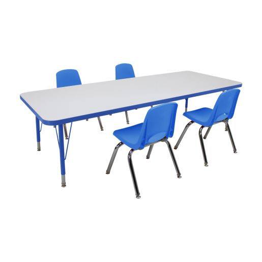 30" x 72" Rectangle Dry-Erase Activity Table with Standard Legs and 12" Stack Chairs with Swivel Glides, 5-Piece Set - White-Blue