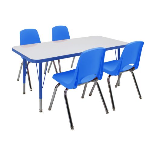 24" x 48" Rectangle Dry-Erase Activity Table with Standard Legs and 14" Stack Chairs with Swivel Glides, 5-Piece Set - White-Blue
